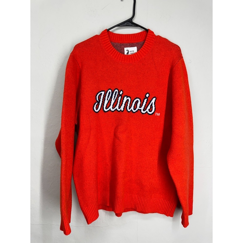 Jack + Sage Sweater Mens LARGE Orange Illinois Logo Knit Long Sleeve Crewneck